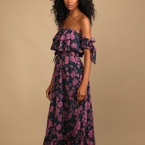 Love and Blooms Navy Blue Floral Print Off-the-Shoulder Dress